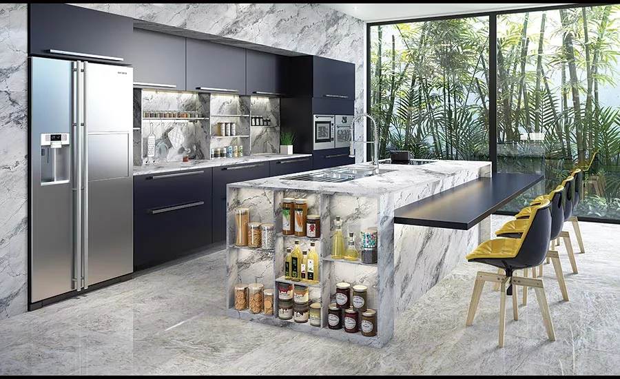 Raffaello dolomite marble (countertop) Niagara Falls quartzite (floor)