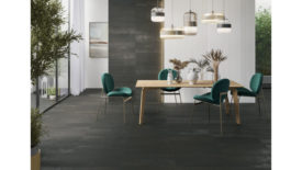 metallic-look floor and wall tile in dining room