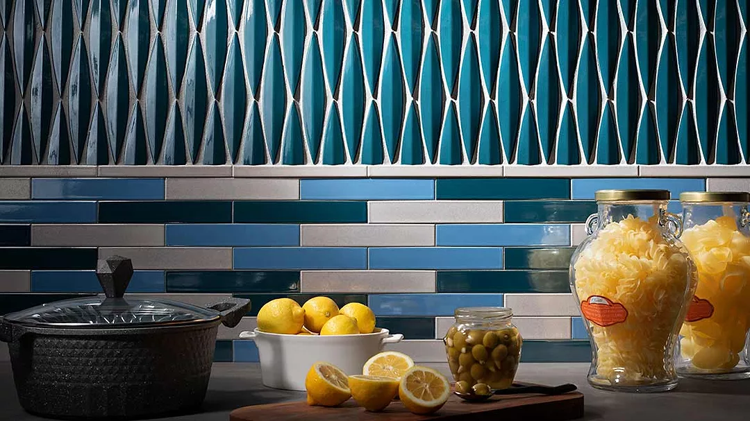 Blue tile kitchen backsplash