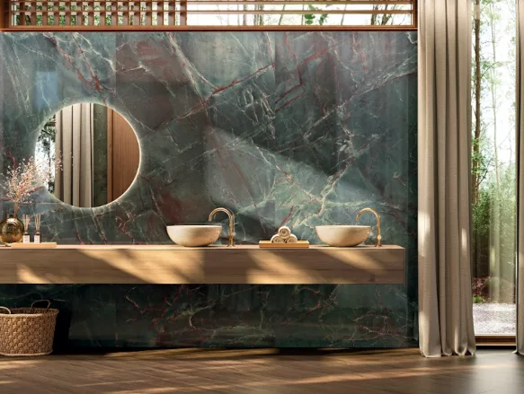 XLIGHT Emerald Green porcelain slab in bathroom