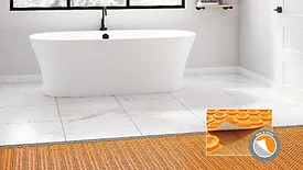 Schluter Peel-and-Stick uncoupling membrane on bathroom floor with a tub.