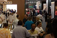 Crowded exhibit hall at Vitoria Stone Fair