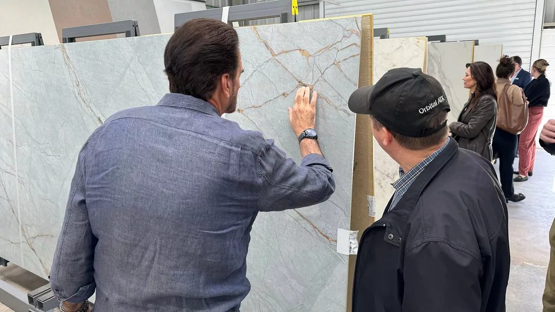 Architects looking at slabs at Grespania