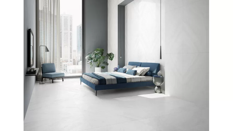 White floor tile in bedroom