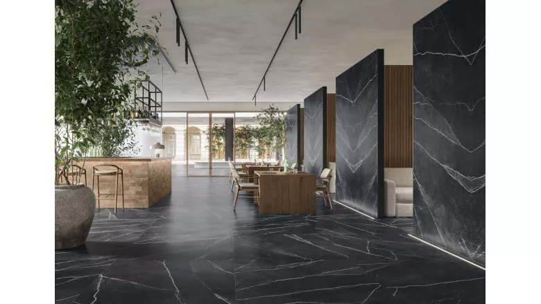 Black floor tile with white veining