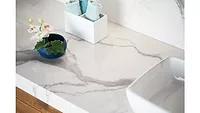 white marble look bathroom countertop