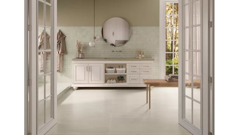 Large format tile on bathroom floor