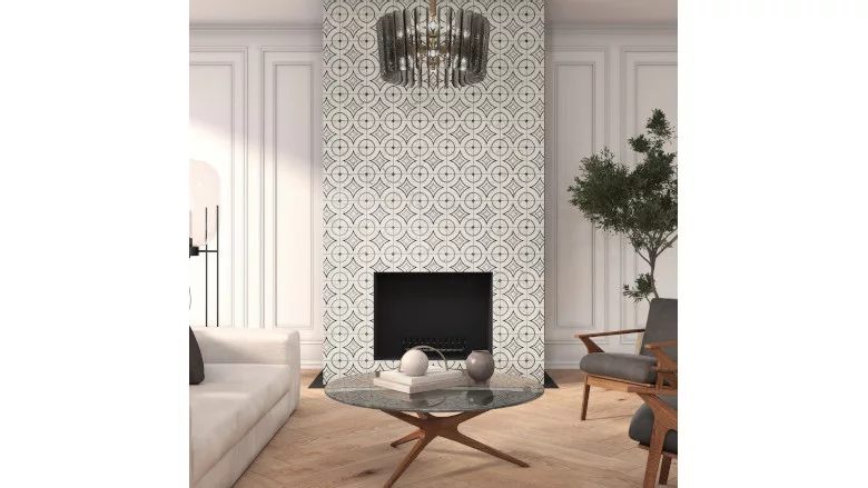 Geometric tile on fireplace surround