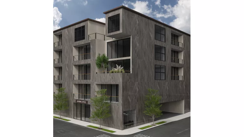 Large gray porcelain slabs on outside of building