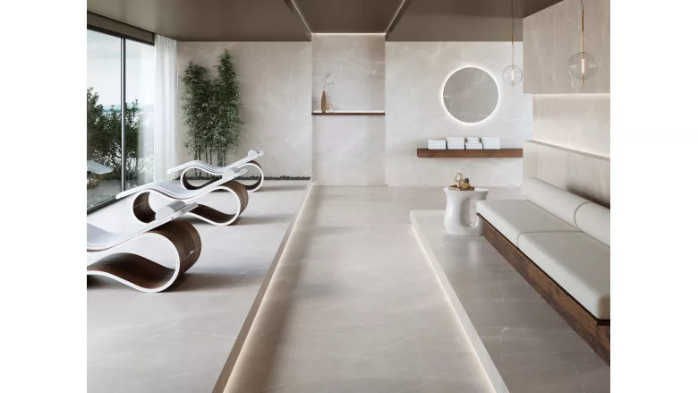 neutral panoramic porcelain tile in spa