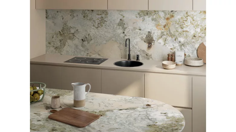 table and backsplash with marble look porcelain tile