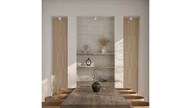 travertine looking tile in dining room