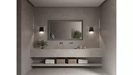 bathroom countertop, wall and floor in beige tones