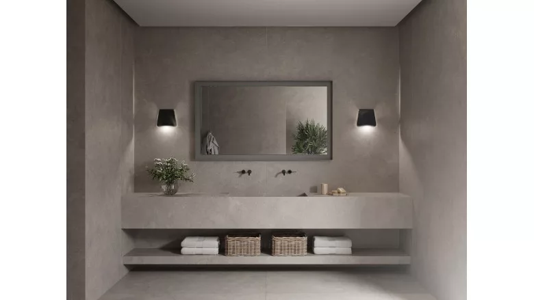bathroom countertop, wall and floor in beige tones