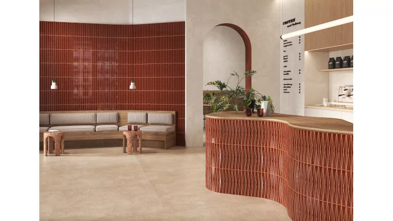 lobby with copper colored vertical tile