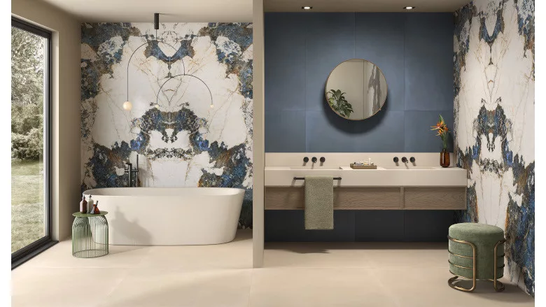blue and white tile wall in bathroom