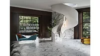 white marble look tile with gold veining on floor