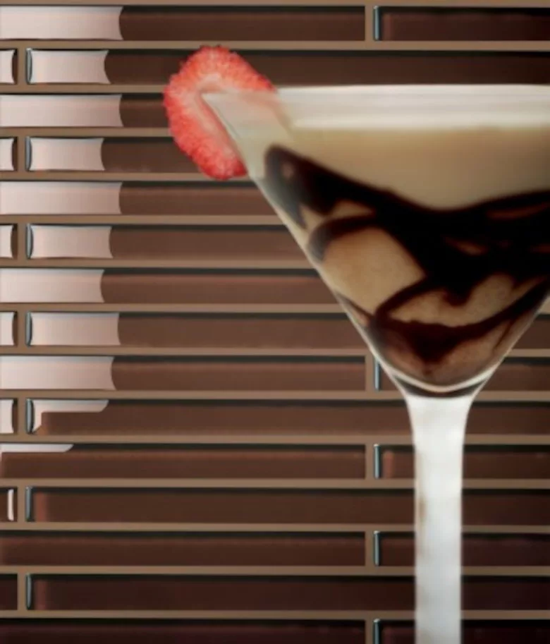 Nemo Tile + Stone Glass Box Collection (Cafe) with sundae against tiled backsplash