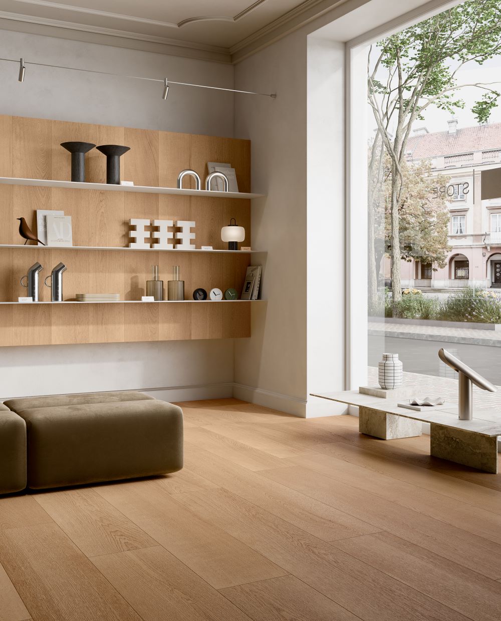 A natural wood-look porcelain tile.