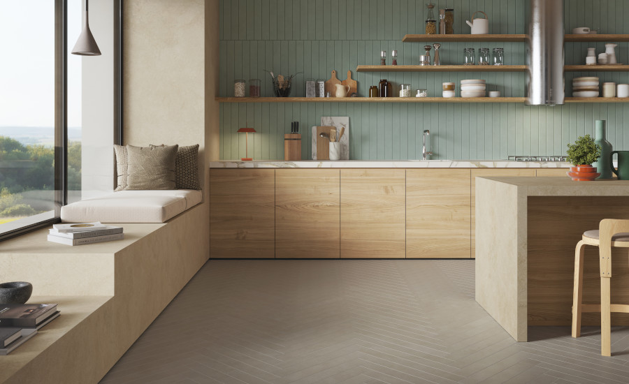 An elongated brick-look tile can be installed in any number of patterns.