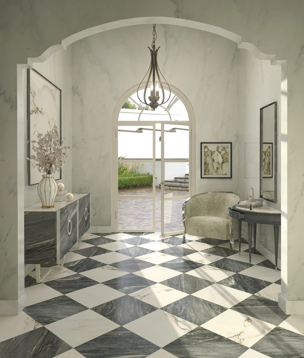  a hallway featuring a classic checkerboard pattern floor made of marble tiles