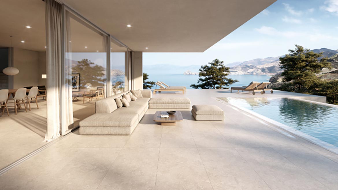 a modern outdoor living space with a pool and patio