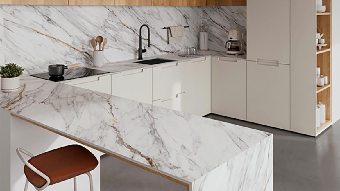  modern kitchen featuring Neolith Azure countertops and a matching splashback