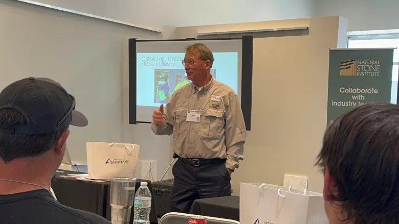 Jeff "Corky" Courtright of Planet Granite talking at the 2024 Denver Stone Summit