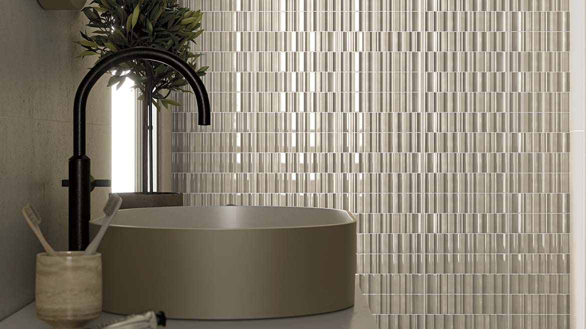 The image shows a sample of the Volume Ivory Brillo tile by Cifre Ceramica. 
