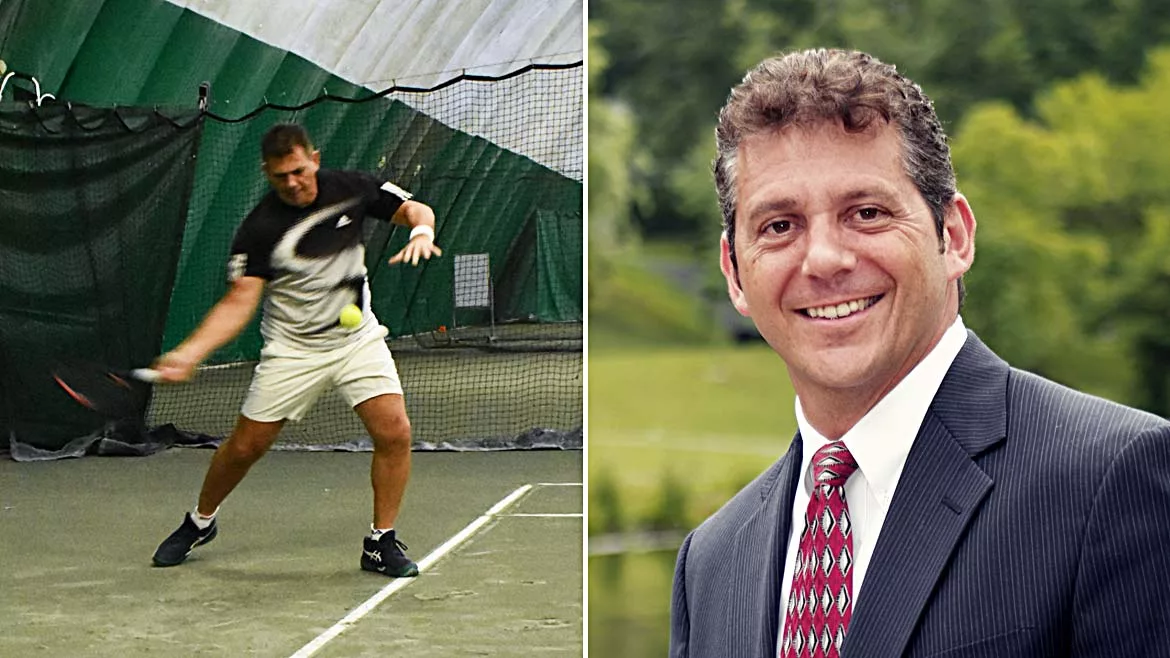 Paul Max Le Pera playing tennis and in a business suite -- side by side