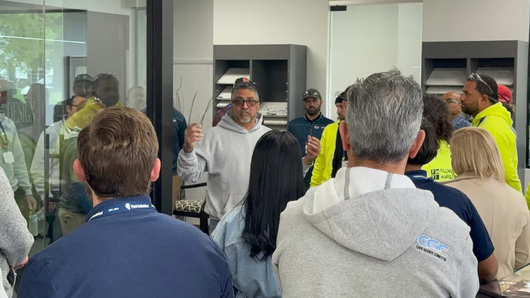 Marco Duran talking to FABX Group in his showroom at Atlas Marble & Granite