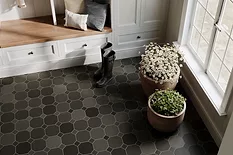 Mudroom setting with hexagonal floor pattern