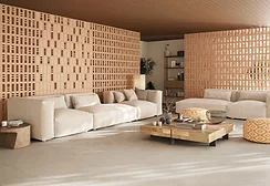 Modular Ceramic System behind couches in living room setting