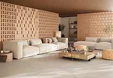 Modular Ceramic System behind couches in living room setting