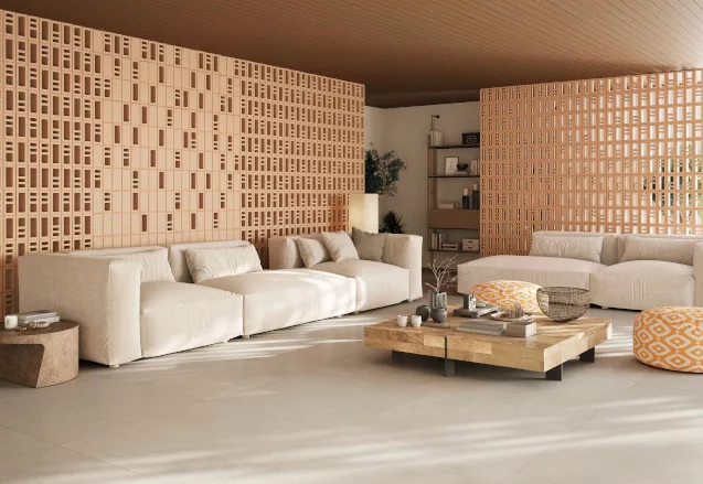 Modular Ceramic System behind couches in living room setting