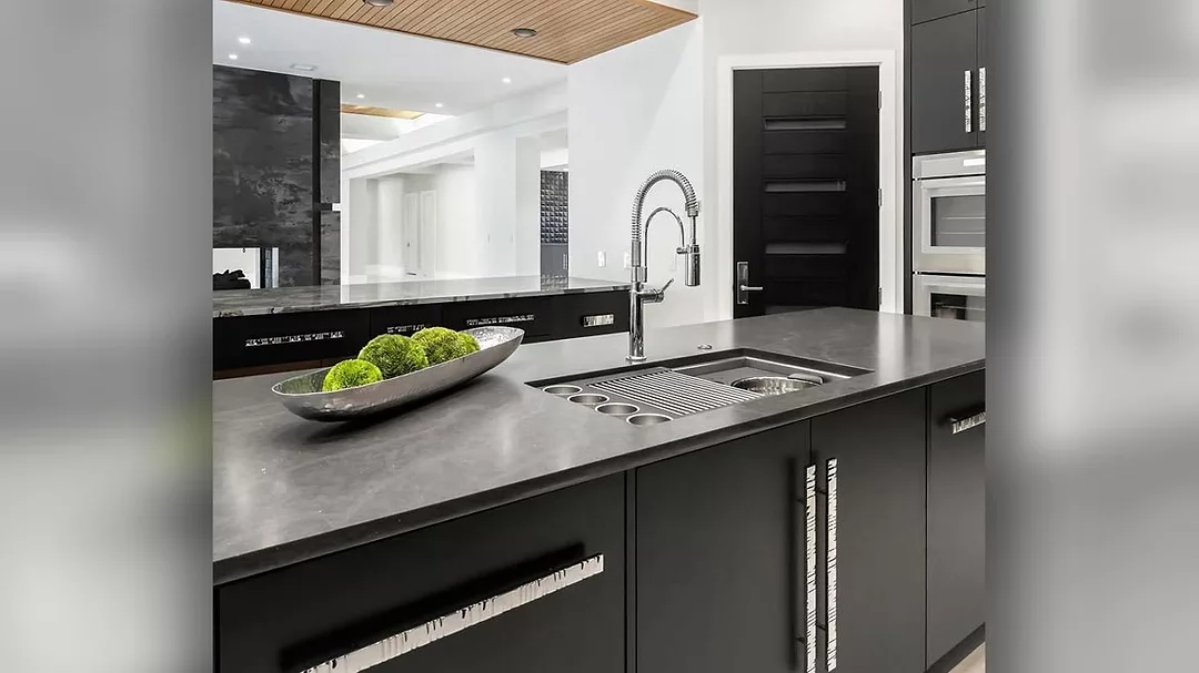 kitchen island with sleek stone countertop