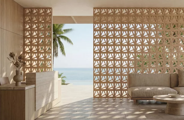 Kubo Arc living room setting with sea in the background