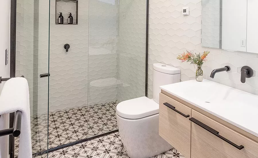 Island Stone's Blade elongated hexagon tiles in Pure Silk Matte