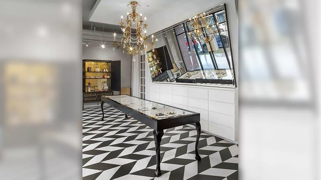 CSTD 1221 Web Exclusive: Maggie Louise Winter 2021 Slide 3. Inspiration came from a tile floor in a Parisian chocolate shop seen on one of the owner’s recent trips.