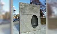 stone sculpture in downtown Dayton Metro Library in Dayton, OH