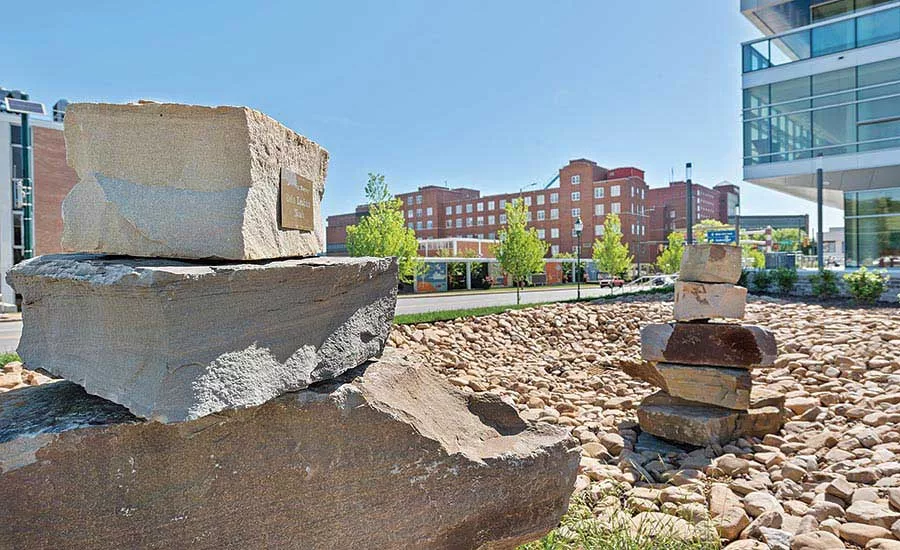 The memorial consists of six stacked stone pieces
