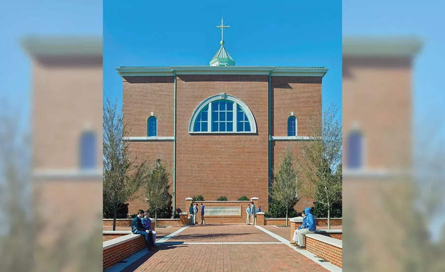 Red brick exterior accented with variegated Indiana limestone