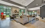 Stacked stone on the floor-to-ceiling fireplace