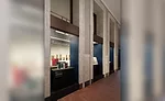 white-gray marble wainscoting and a black soapstone wall base