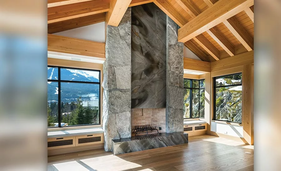 two-story, natural stone fireplace