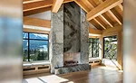 two-story, natural stone fireplace
