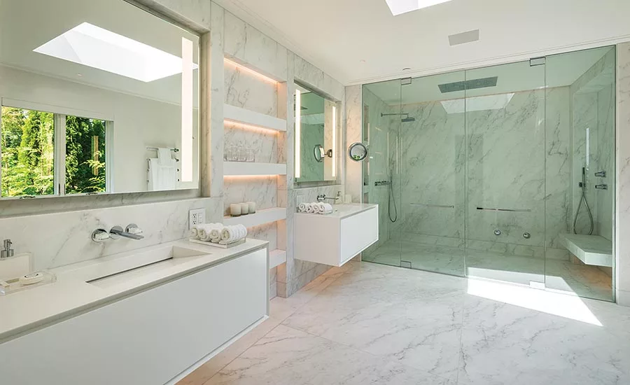 custom bathroom has 20 slabs of white marble