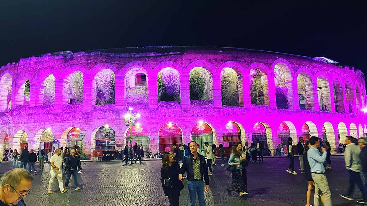 SW 1223 Stone Column feature image of arena in Verona, Italy lit up with a pink glow.