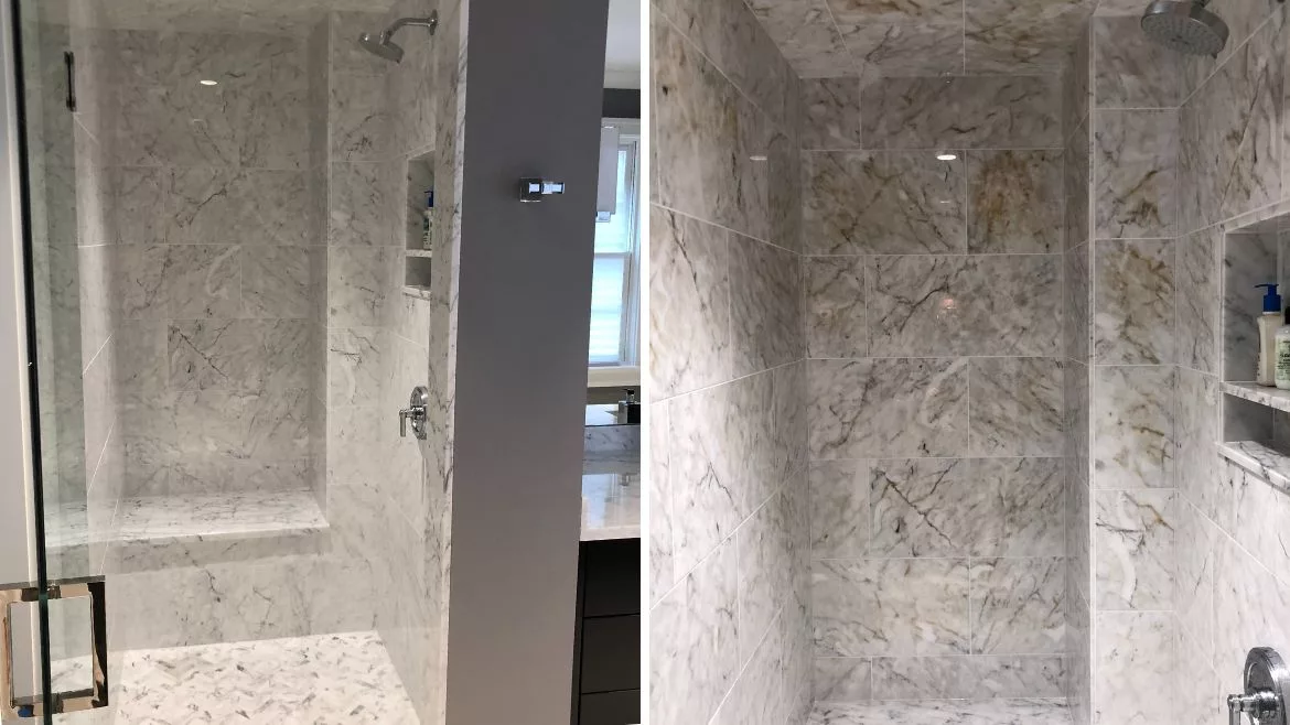marble shower with iron oxide discoloration