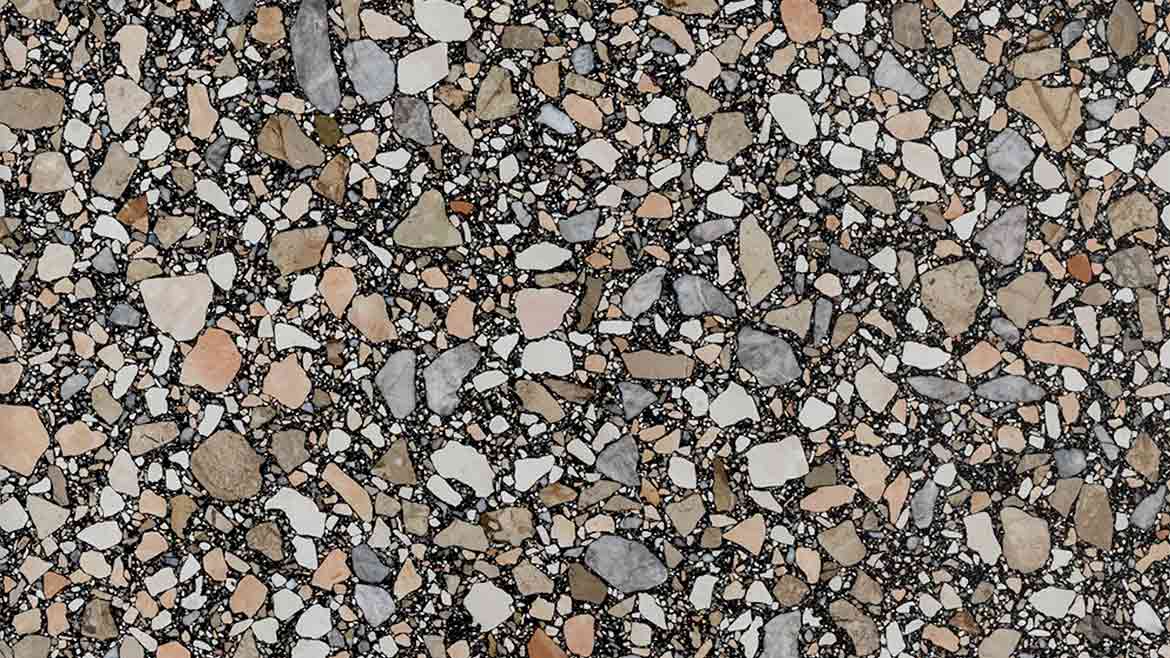 a sample of terrazzo, a composite material used for floors, walls, and countertops